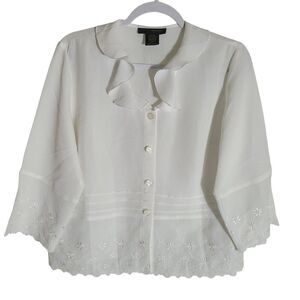 Harris Wallace Dainty Floral Embroidered Blouse Women's Size 8 White Cottagecore
